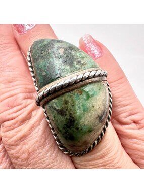 Vintage Native American Huge Domed Green Turquoise Sterling Silver Ring Size 8.5